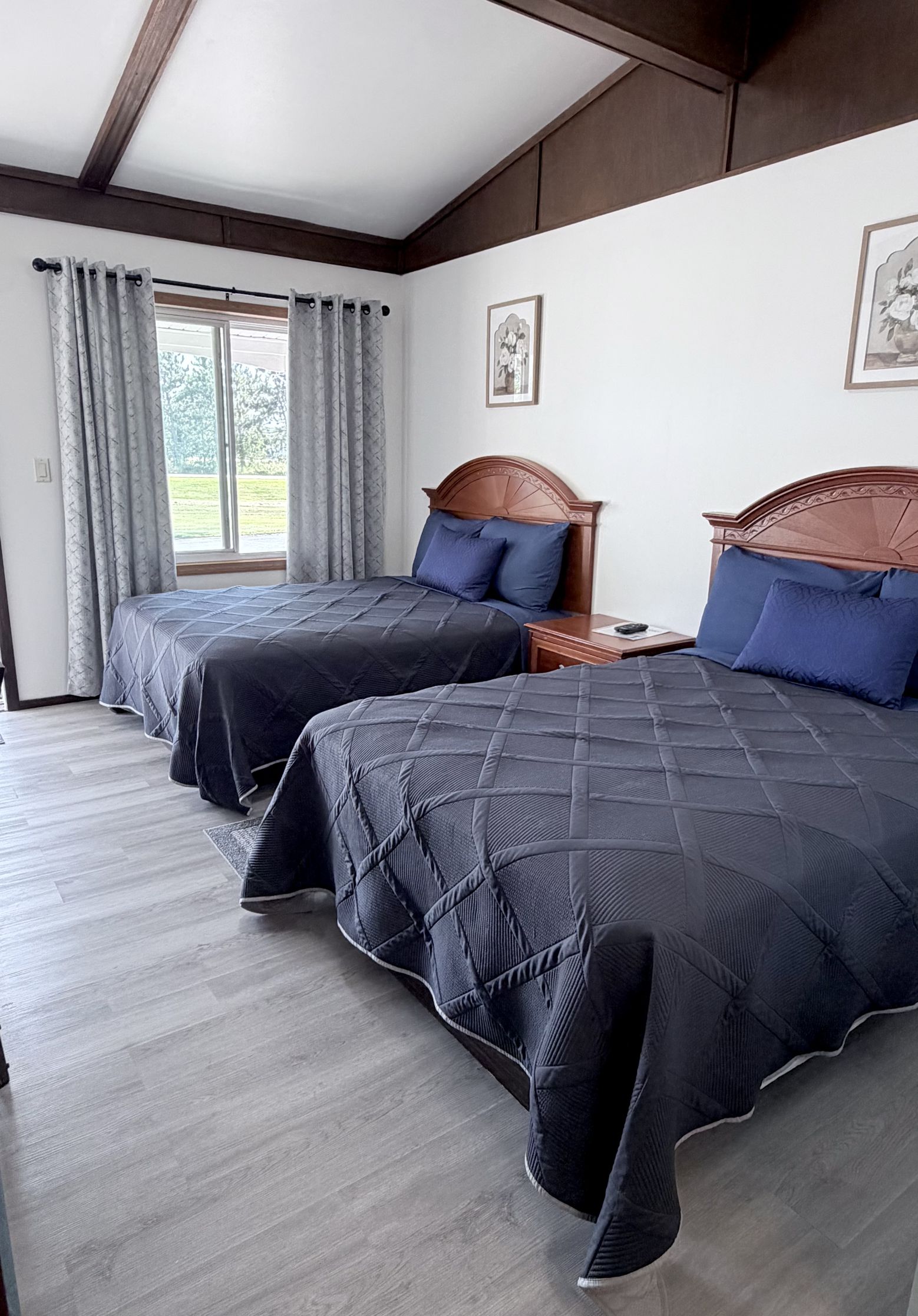 Double room with vaulted wood-beam ceiling and two beds
